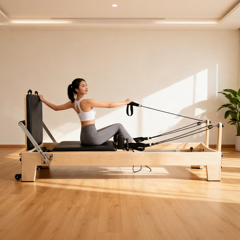 Yoga Fitness Health - ホワイトメープル製ポータブル調整可能ピラティスリフォーマー、高級商用グレード木製ヨガフィットネスマシン、精密スプリング、健康用
